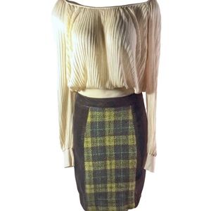 ❤️Anthropologie Maeve brown corduroy with green & yellow plaid pencil skirt 0